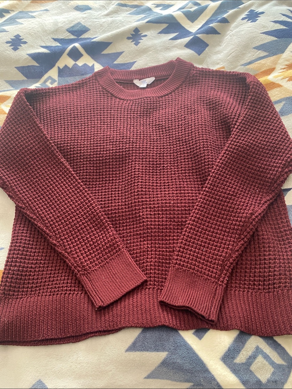 Time and Tru Waffle-Knit Crewneck Sweater in Burgundy
